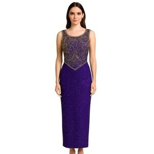 Laurence Kazar Purple Beaded Silk Gown Open Back Vintage Formal Dress L, vintage